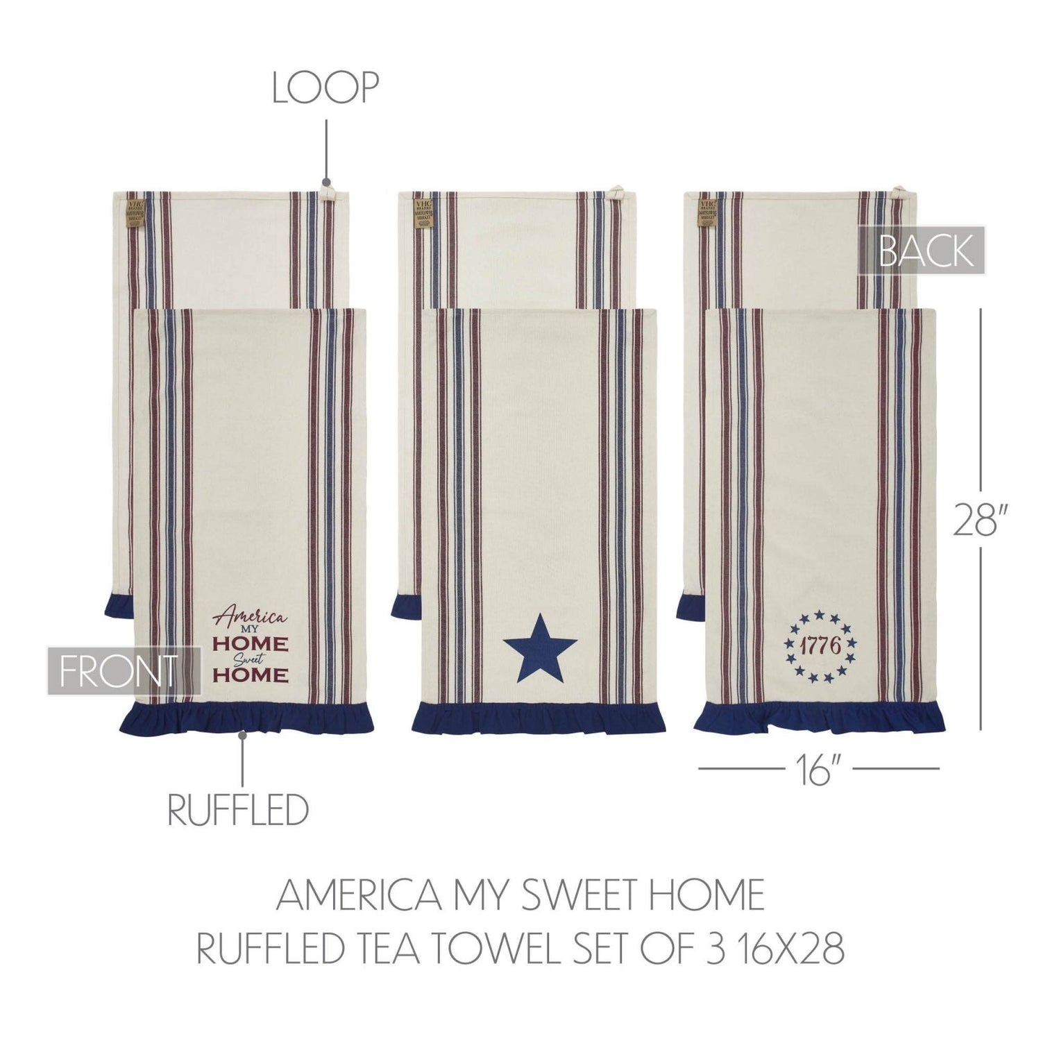 Americana Ruffled Tea Towels Set of 3 | Patriotic Kitchen Decor - The Primitive Pineapple Collection