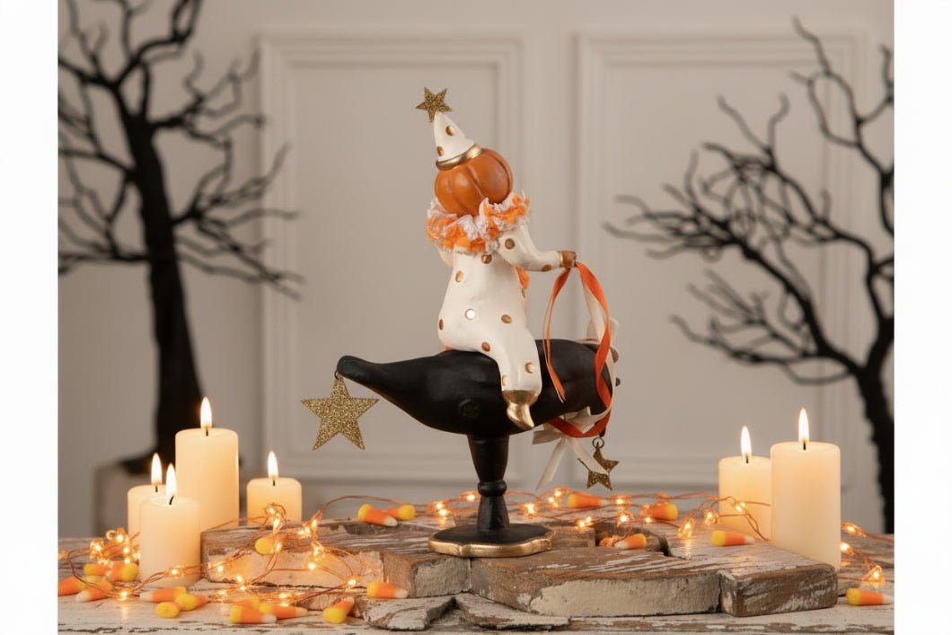 Bethany Lowe Halloween 10.75" Pumpkinhead on Crow DH5053 - The Primitive Pineapple Collection
