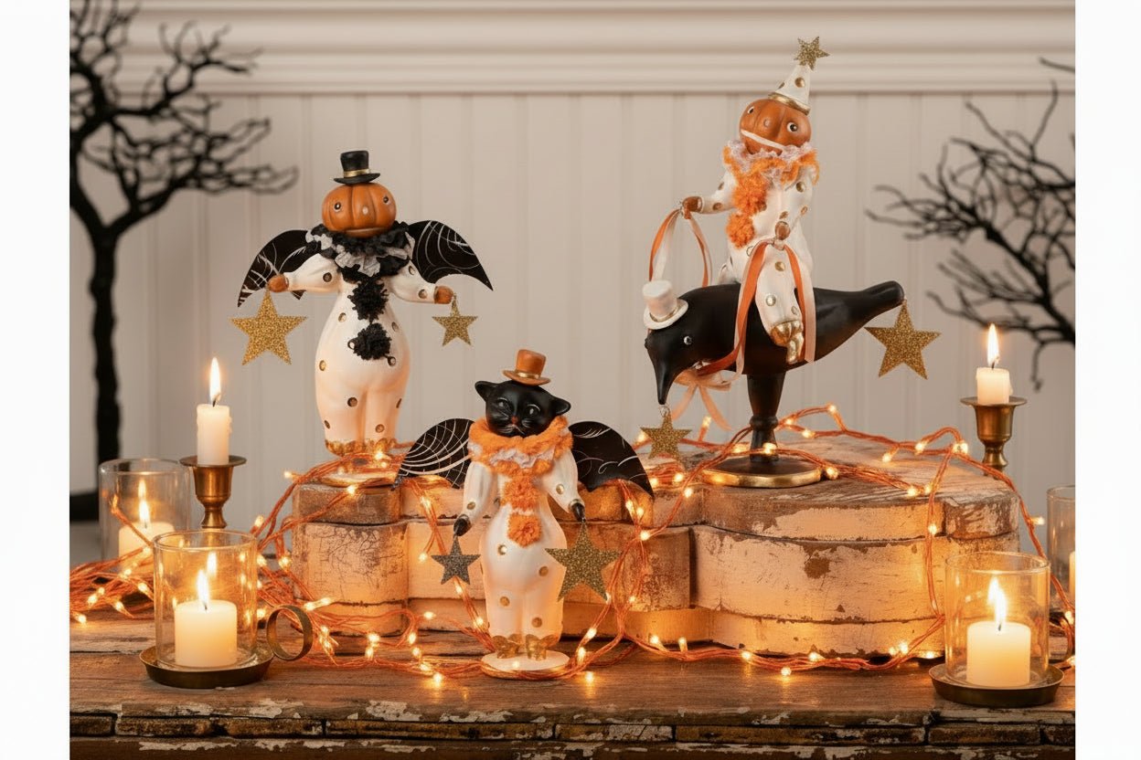 Bethany Lowe Halloween 10.75" Pumpkinhead on Crow DH5053 - The Primitive Pineapple Collection