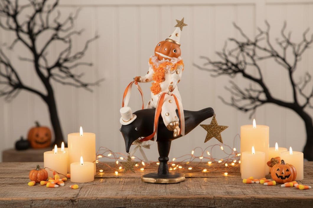 Bethany Lowe Halloween 10.75" Pumpkinhead on Crow DH5053 - The Primitive Pineapple Collection