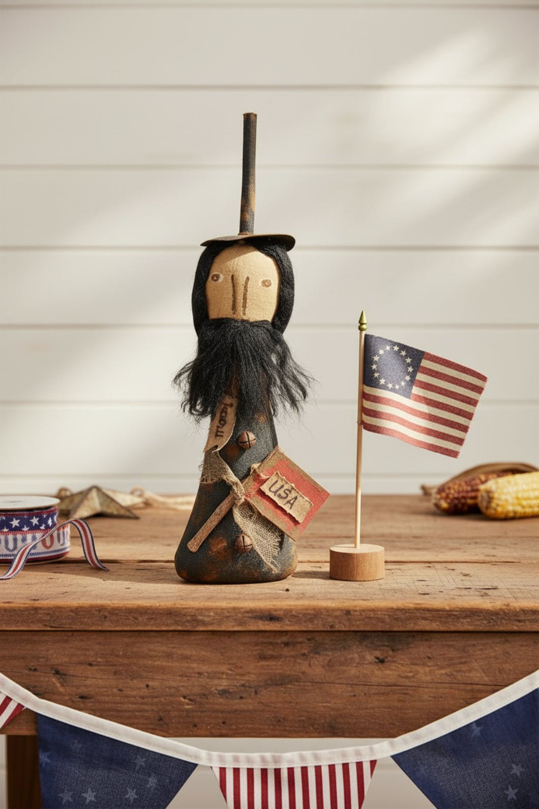 Primitive Abe Doll - Patriotic Lincoln Americana Folk Art Hanger Shelf Sitter (12") - The Primitive Pineapple Collection