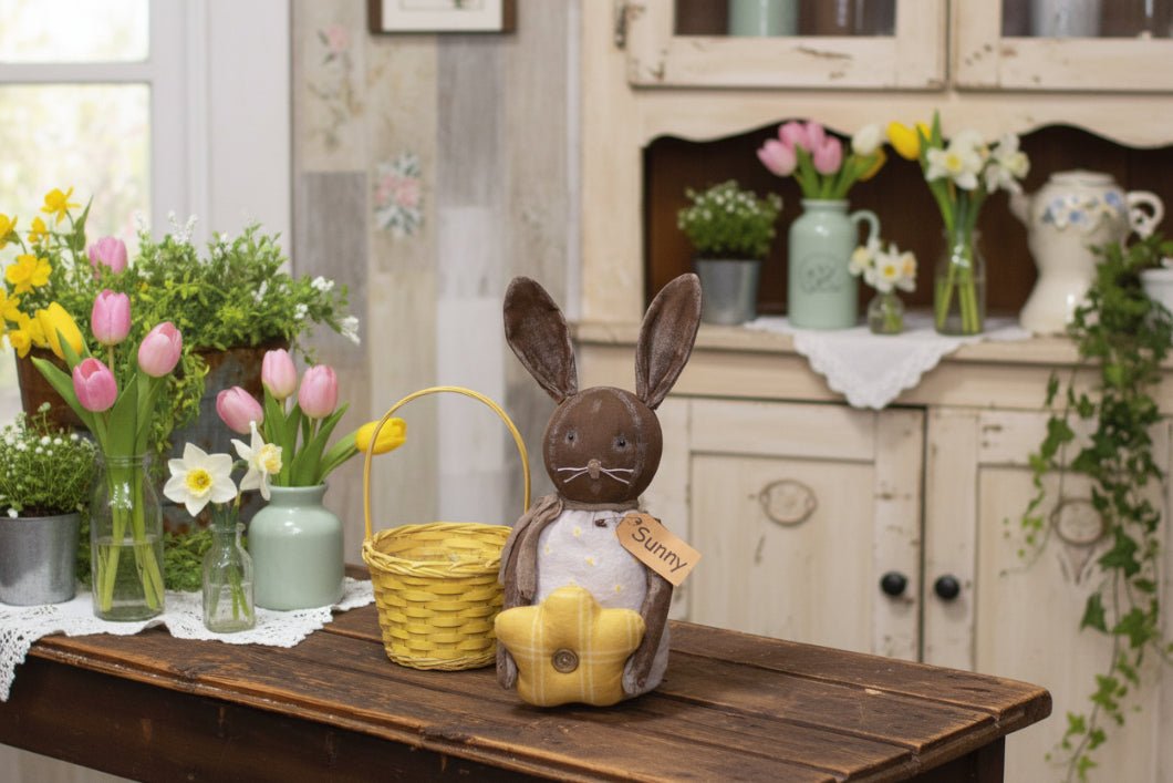 Primitive Farmhouse Spring Sunny Bunny Doll w/Yellow Flower - The Primitive Pineapple Collection