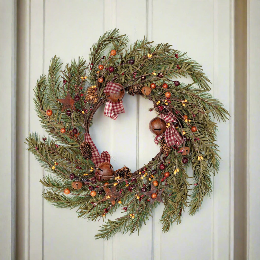 Primitive Christmas Rustic 12&quot; Fabric Wreath w/ Bells and Rusty Stars