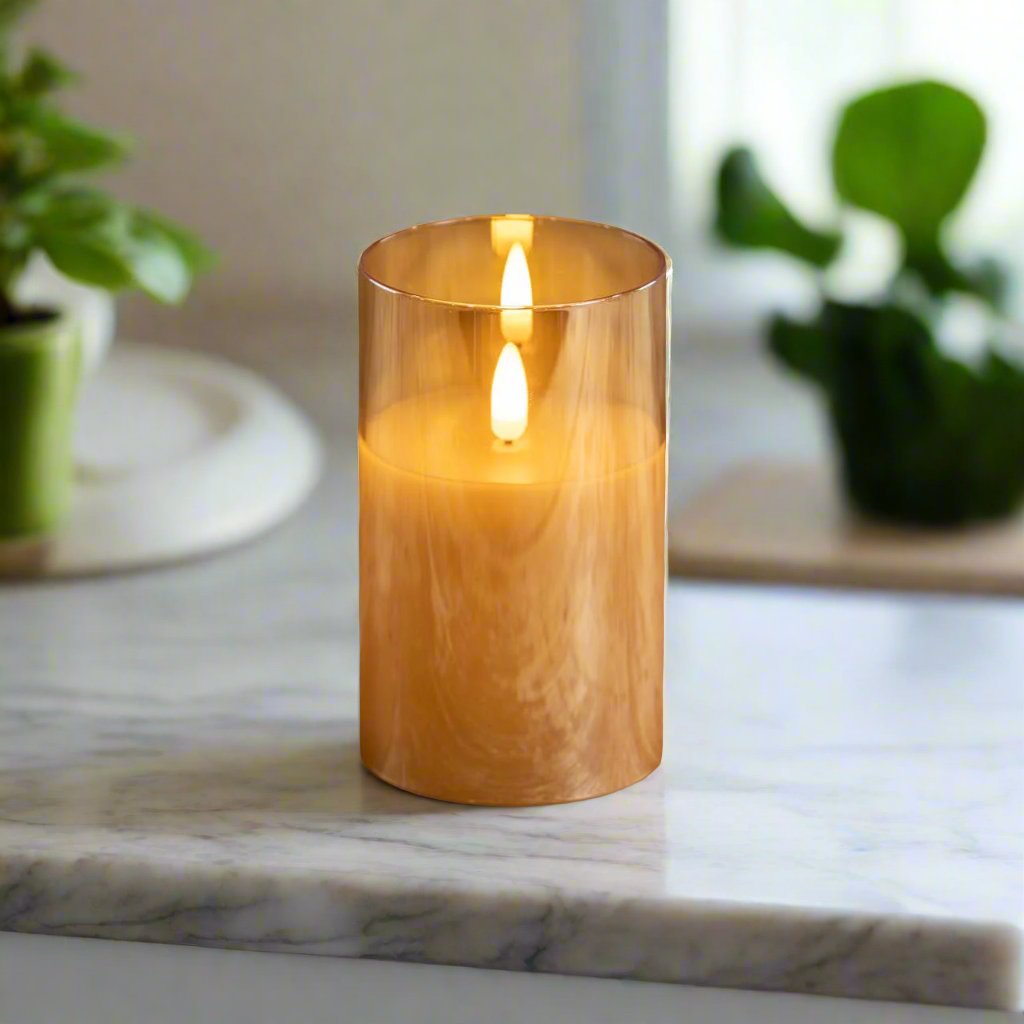 Primitive Ragon House 5" Glass Champagne 3D Flame Battery Candle 6hr Timer - The Primitive Pineapple Collection