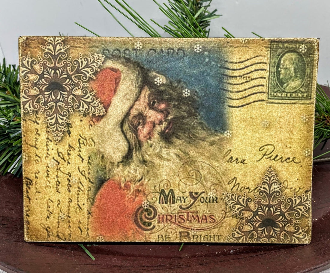 Christmas Handmade Vintage Postcard 5”x7 Canvas Plaque Merry and Bright Santa - The Primitive Pineapple Collection