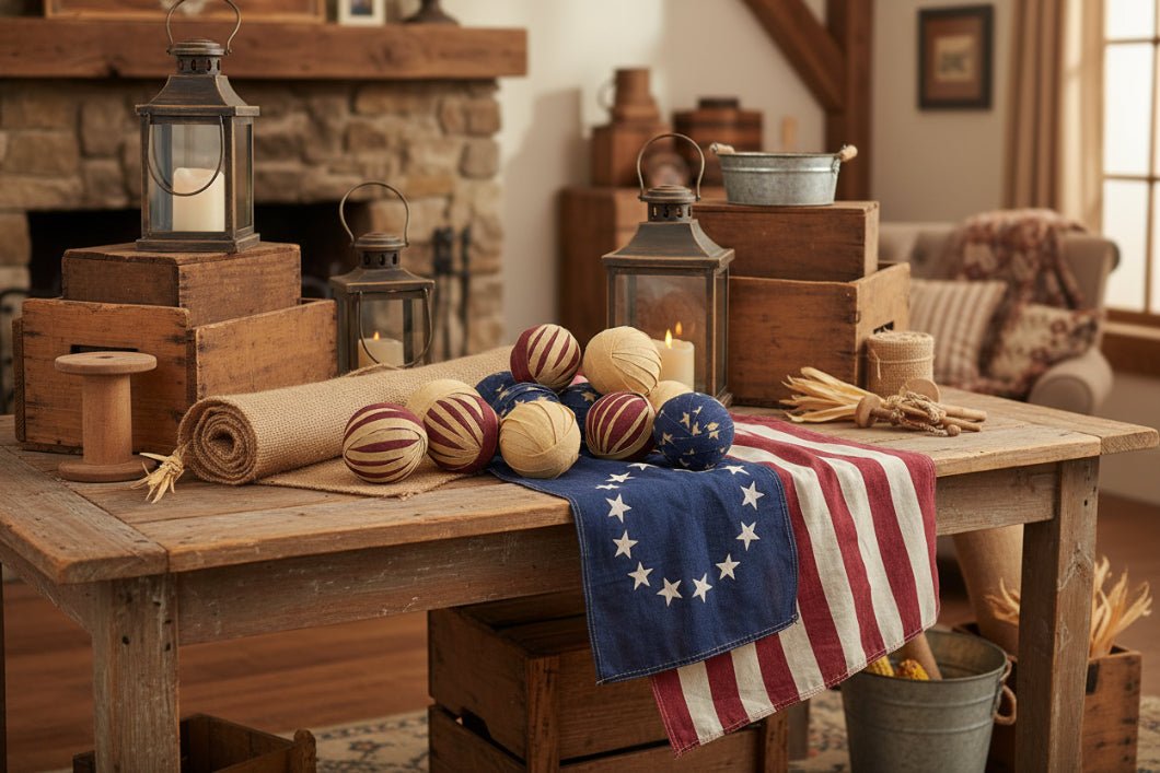 12 - Piece Americana Rag Ball Set - Primitive Patriotic Bowl Filler - The Primitive Pineapple Collection