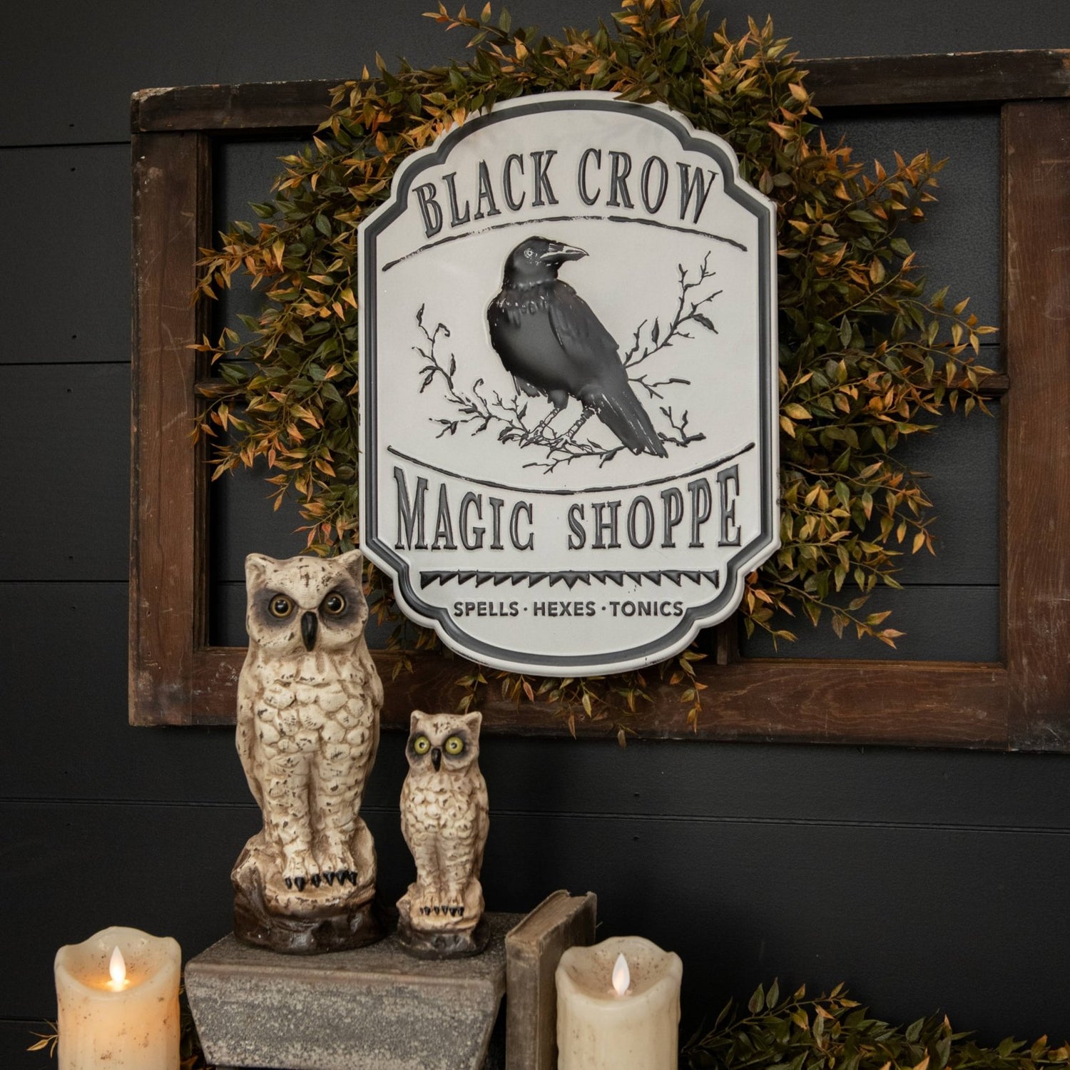 Ragon House Halloween 16.25&quot; Black Crow Magic Shoppe Metal Sign - The Primitive Pineapple Collection