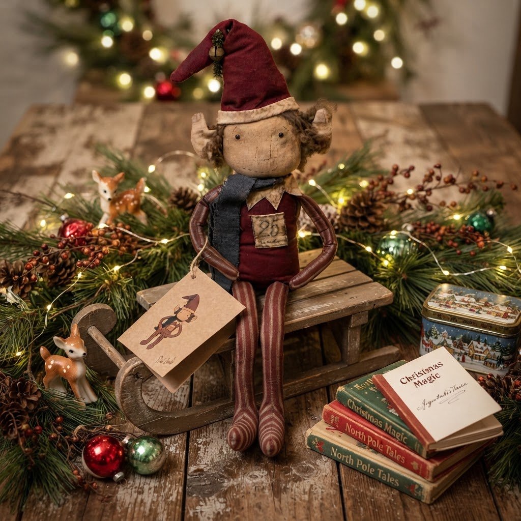 Elf in the Cupboard w/ Story Book 23" Handcrafted Folk Art Doll - The Primitive Pineapple Collection