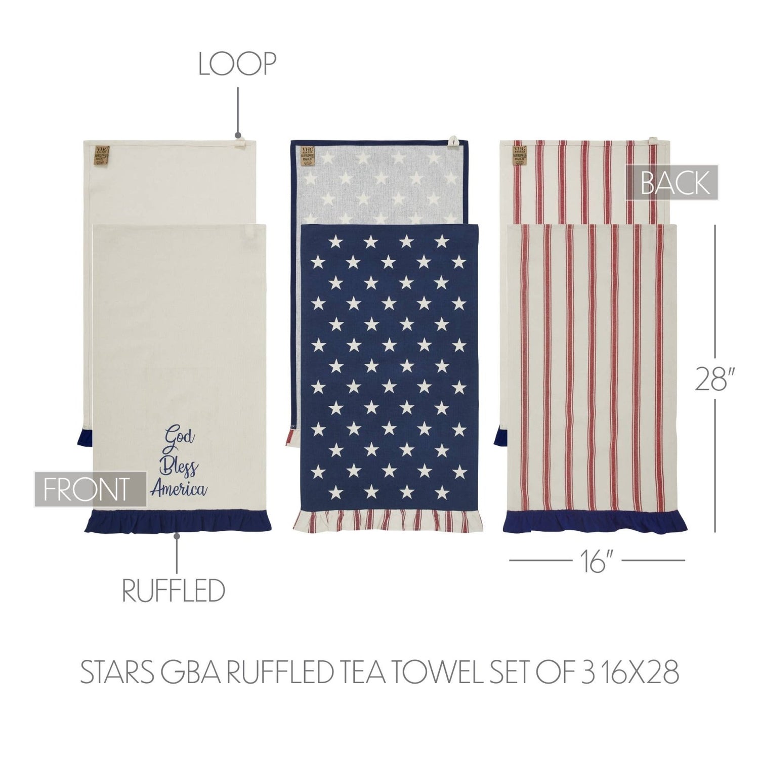 Patriotic Ruffled Tea Towels Set of 3 | Hatteras Stars - The Primitive Pineapple Collection