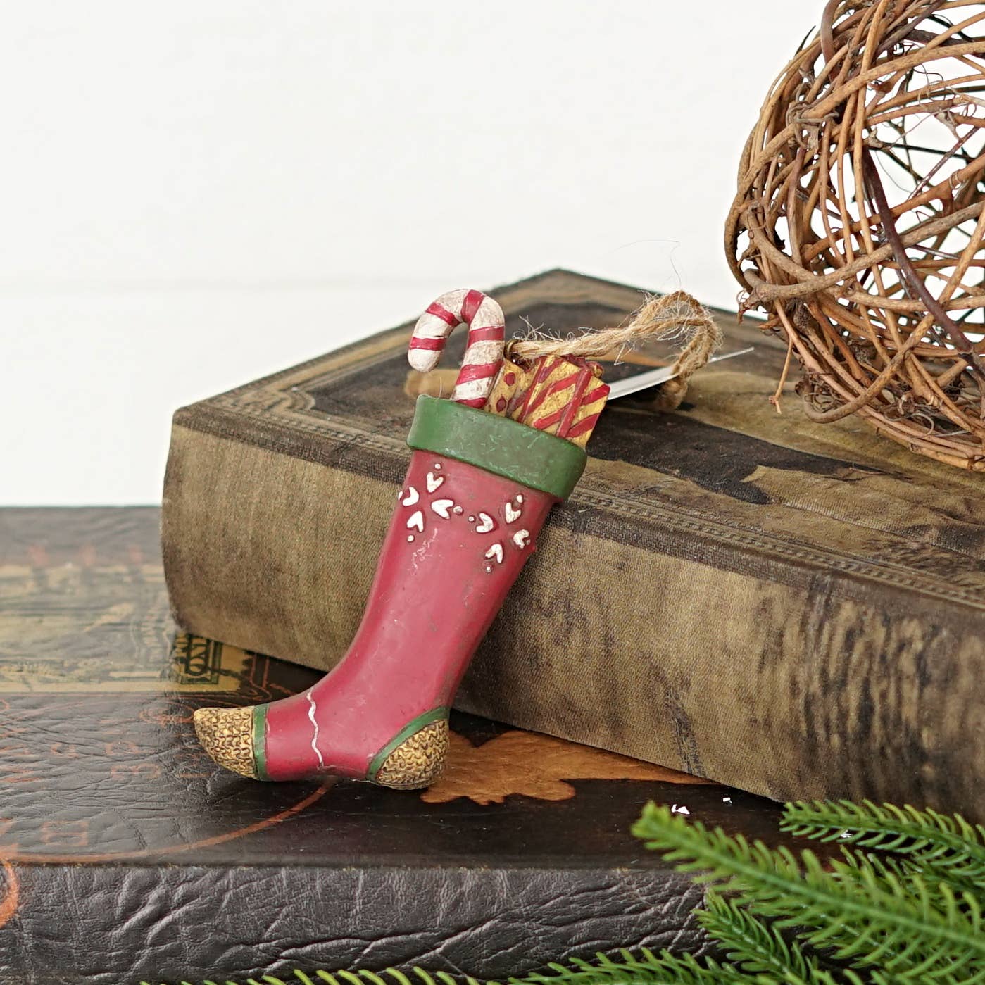 Primitive Christmas Old World Stocking w/ Candy Cane Ornament 4.5&quot; - The Primitive Pineapple Collection