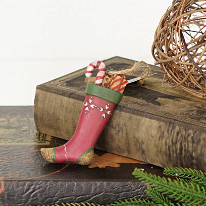 Primitive Christmas Old World Stocking w/ Candy Cane Ornament 4.5&quot; - The Primitive Pineapple Collection