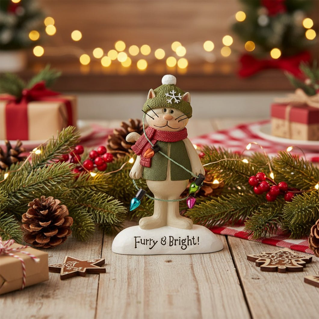 Blossom Bucket Furry &amp; Bright Cat With Christmas Lights Shelf Sitter - The Primitive Pineapple Collection