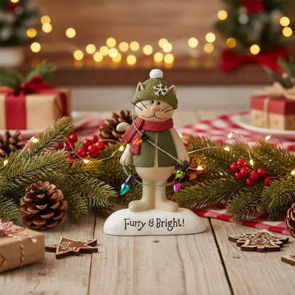 Blossom Bucket Furry &amp; Bright Cat With Christmas Lights Shelf Sitter - The Primitive Pineapple Collection
