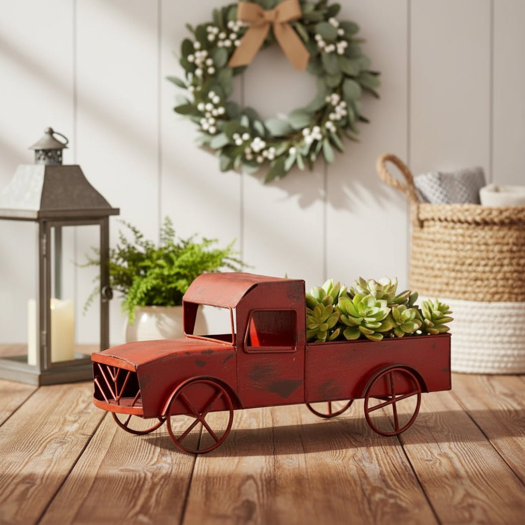 Farmhouse Rustic 14.5" Rustic Red Truck Planter Decor - The Primitive Pineapple Collection