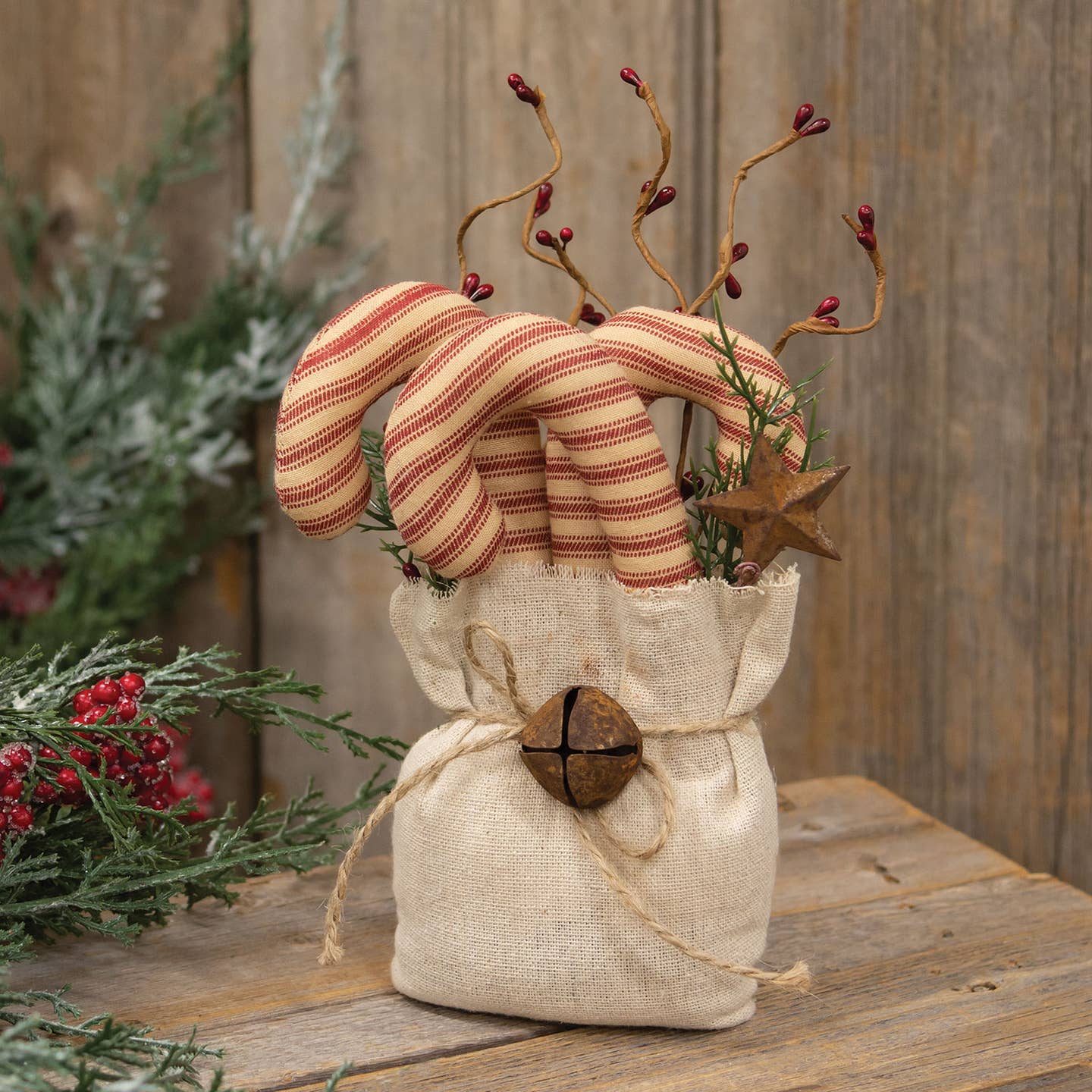 Primitive Christmas 9.5&quot; Stuffed Ticking Stripe Candy Canes &amp; Greenery Sack