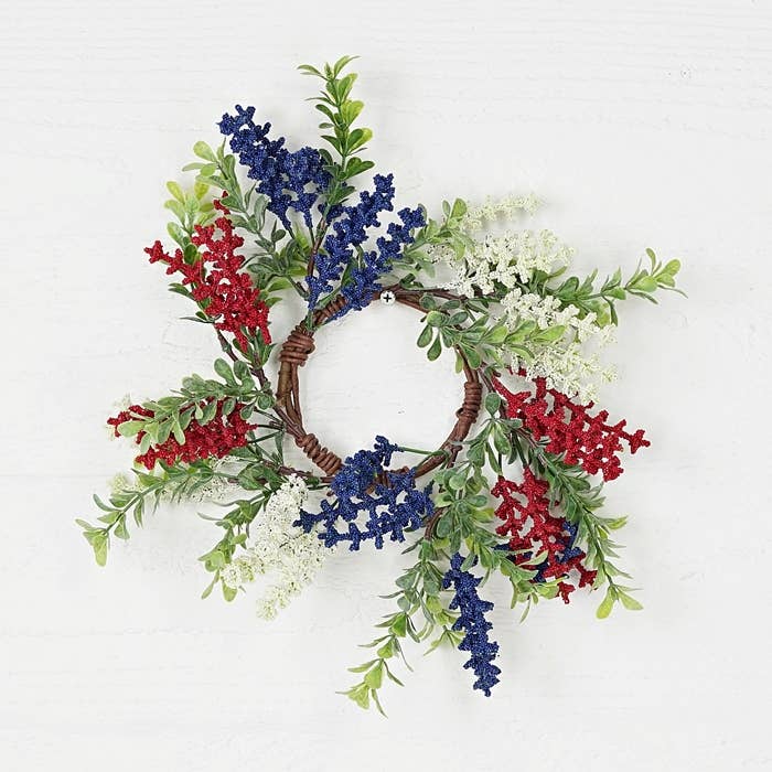 Americana Farmhouse 3.5" Red White Blue Heather with Boxwood Candle Ring - The Primitive Pineapple Collection
