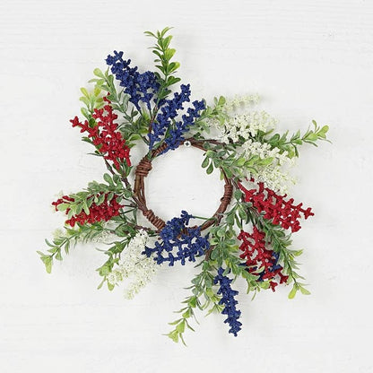Americana Farmhouse 3.5" Red White Blue Heather with Boxwood Candle Ring - The Primitive Pineapple Collection