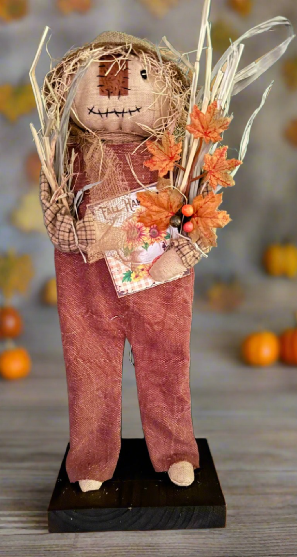 Primitive Folk Art USA Fall Boy Scarecrow on Stand w/ Beige Fall Harvest Sign 15&quot;
