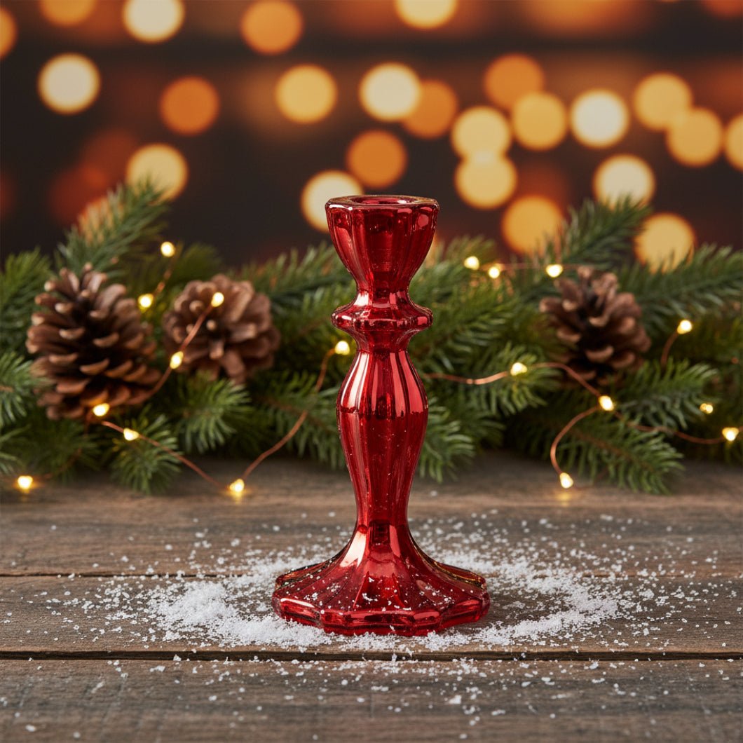 Vintage Look Red Mercury Taper Holder Large - Soda Lime Glass - Christmas - The Primitive Pineapple Collection