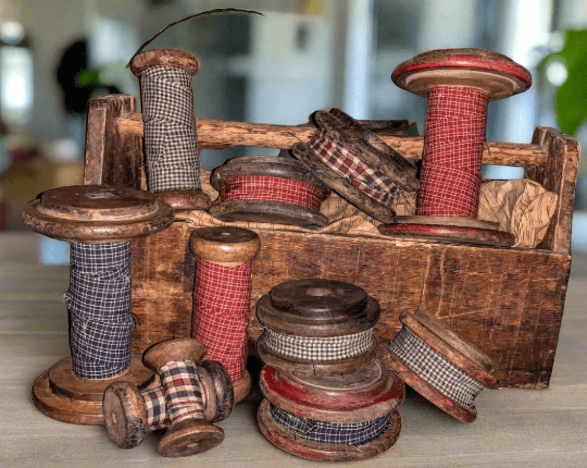 Farmhouse Primitive Vintage Wood Spool with Homespun Fabric 4 sizes Rustic - The Primitive Pineapple Collection