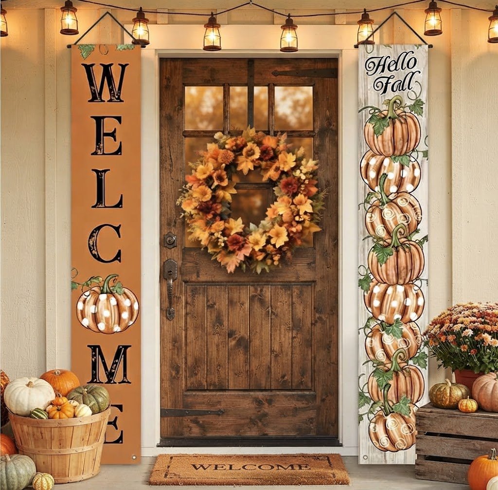 Farmhouse 2pc Hello Fall and Welcome Pumpkin Hanging Banners 70" - The Primitive Pineapple Collection