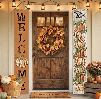 Farmhouse 2pc Hello Fall and Welcome Pumpkin Hanging Banners 70" - The Primitive Pineapple Collection