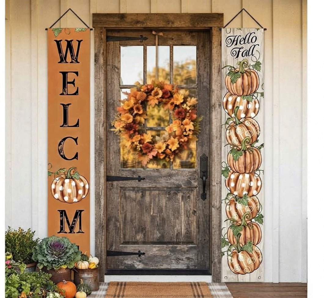Farmhouse 2pc Hello Fall and Welcome Pumpkin Hanging Banners 70" - The Primitive Pineapple Collection