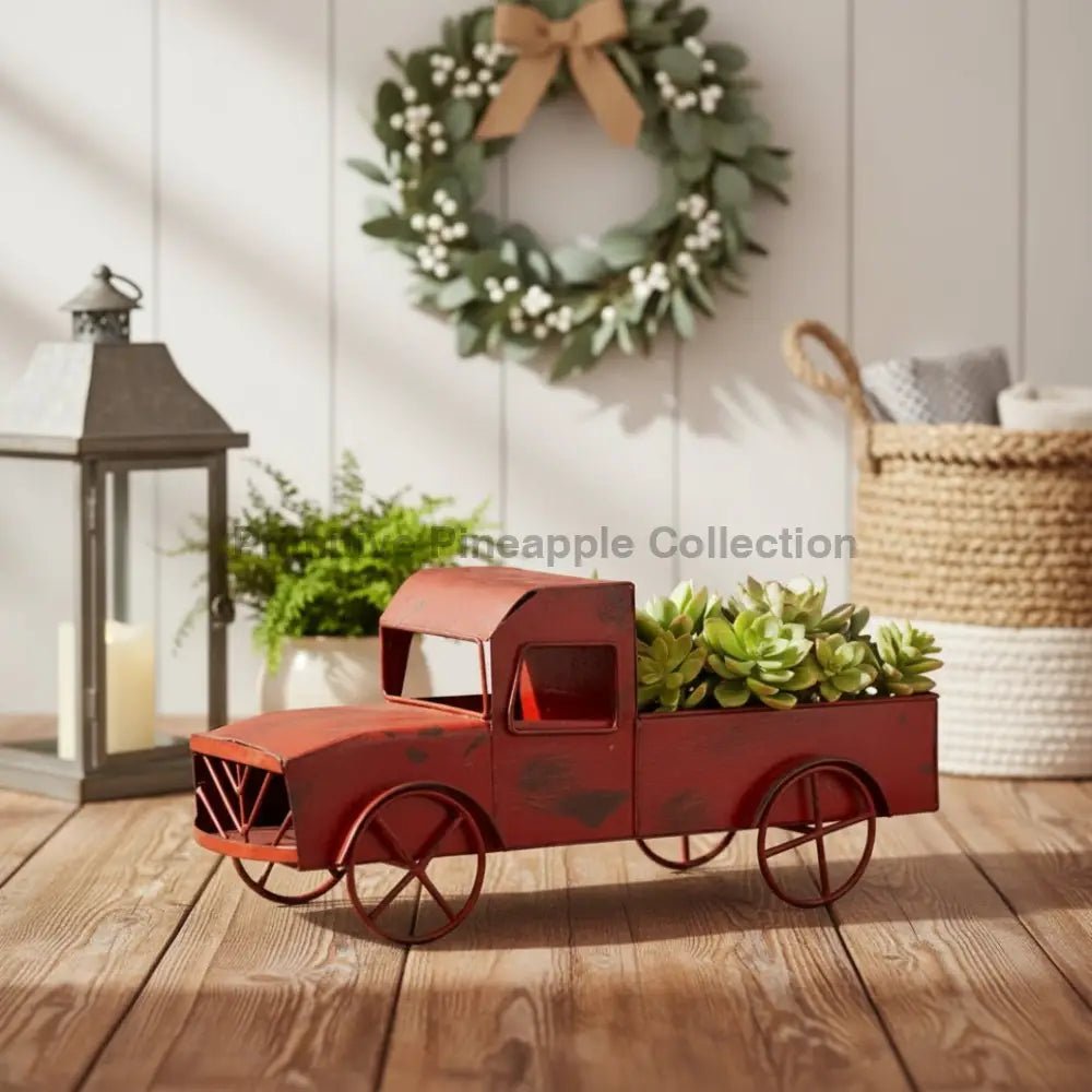 Farmhouse Rustic 14.5" Rustic Red Truck Planter Decor - The Primitive Pineapple Collection