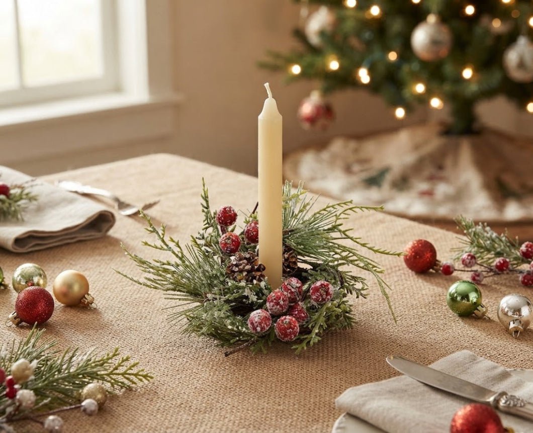 Primitive Christmas Icy Memories Mixed Pine &amp; Berries Candle Ring, 1.5" - The Primitive Pineapple Collection
