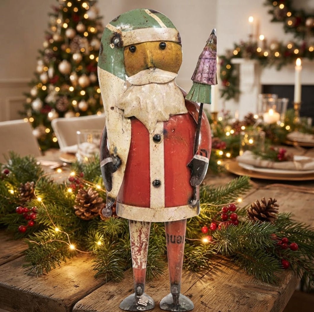 Primitive Christmas 10.5" Recycled Metal Father Christmas Santa w/ Tree - The Primitive Pineapple Collection