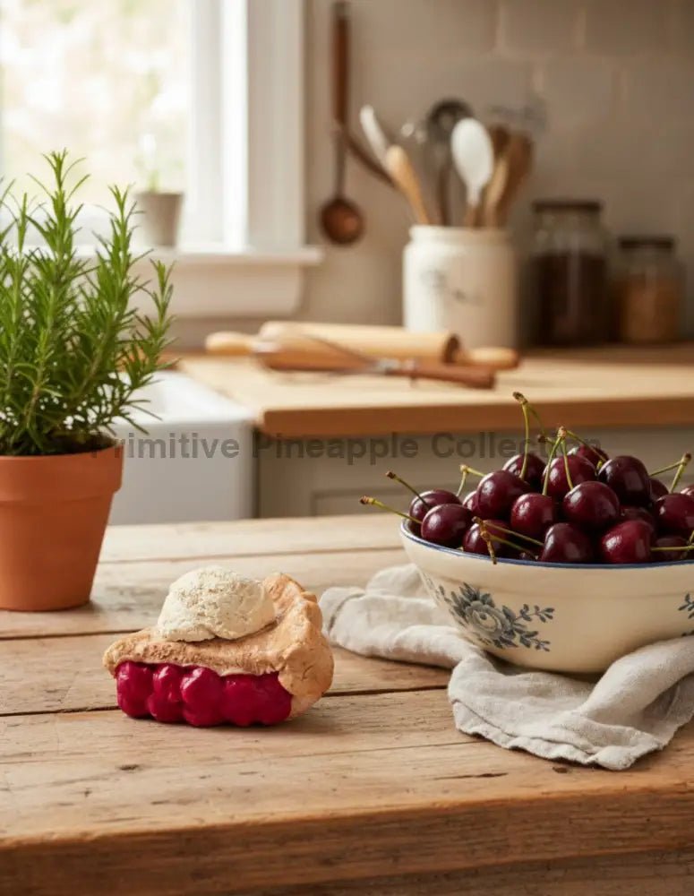 Faux Cherry Pie Slice with Scoop Ice Cream - Primitive Farmhouse Kitchen Decor - The Primitive Pineapple Collection
