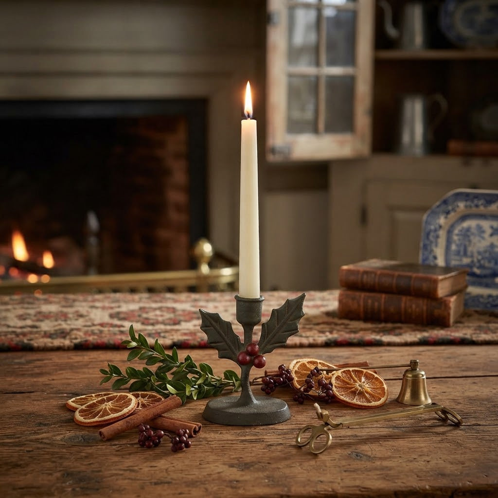 Ragon House Holly and Berries Taper Candle Holder, 5.5"