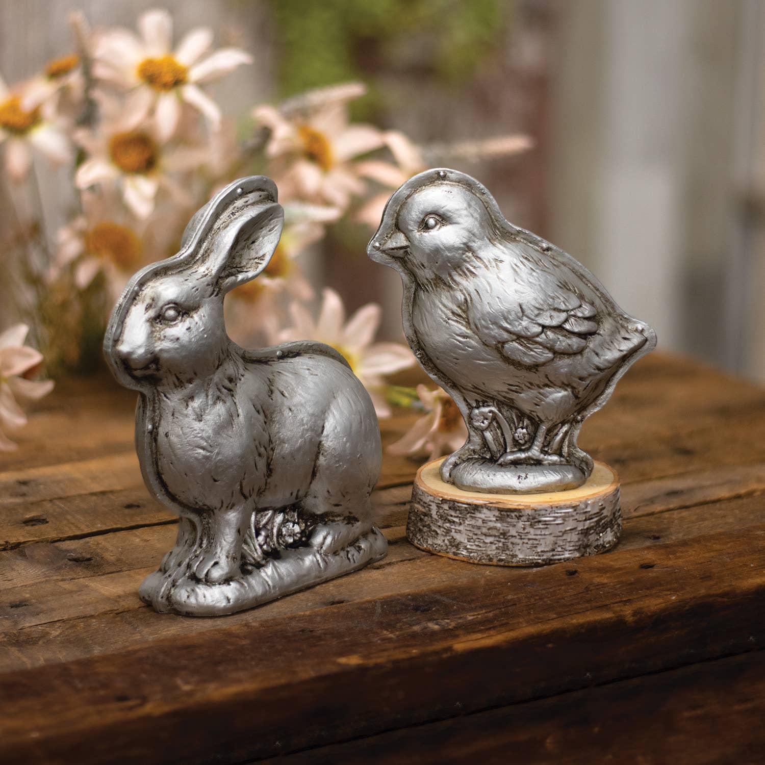 Primitive Farmhouse Spring Silver Bunny Faux Chocolate Mold Sitter 6.5&quot;