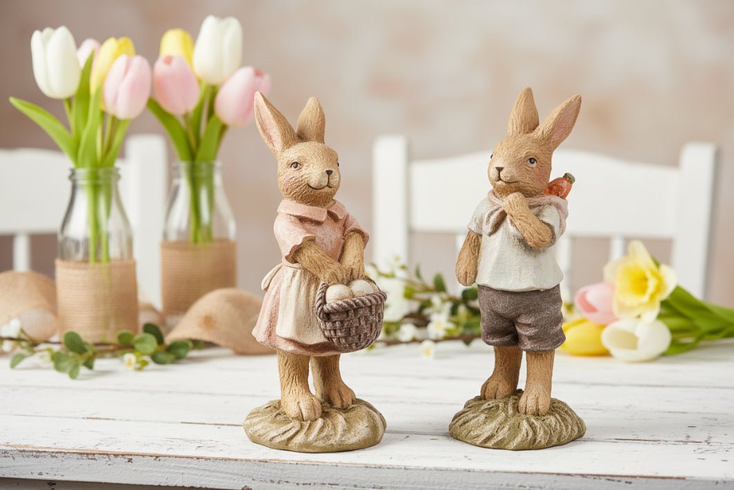 Farmhouse Spring 2 pc Easter Bunnies Boy and Girl w/ Basket Carrots - The Primitive Pineapple Collection