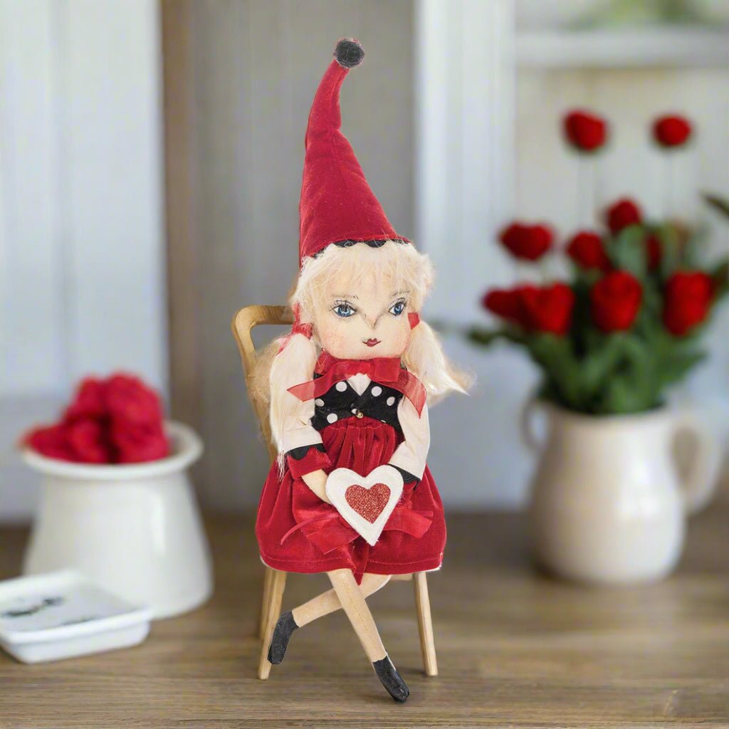Primitive Folk Art Valerie Valentine Girl Doll w/ Heart 17" By Joe Spencer - The Primitive Pineapple Collection