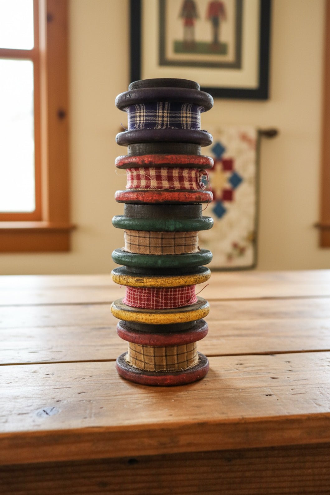 Vintage Repurposed Wood Spool with Homespun Fabric - 4 Sizes - The Primitive Pineapple Collection