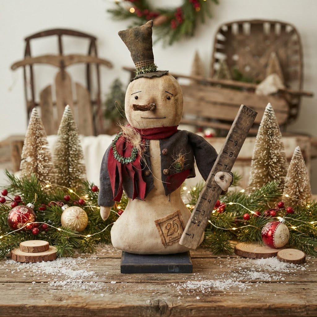 Frosty the Snowman with Yardstick 19" Handcrafted Folk Art Doll - The Primitive Pineapple Collection