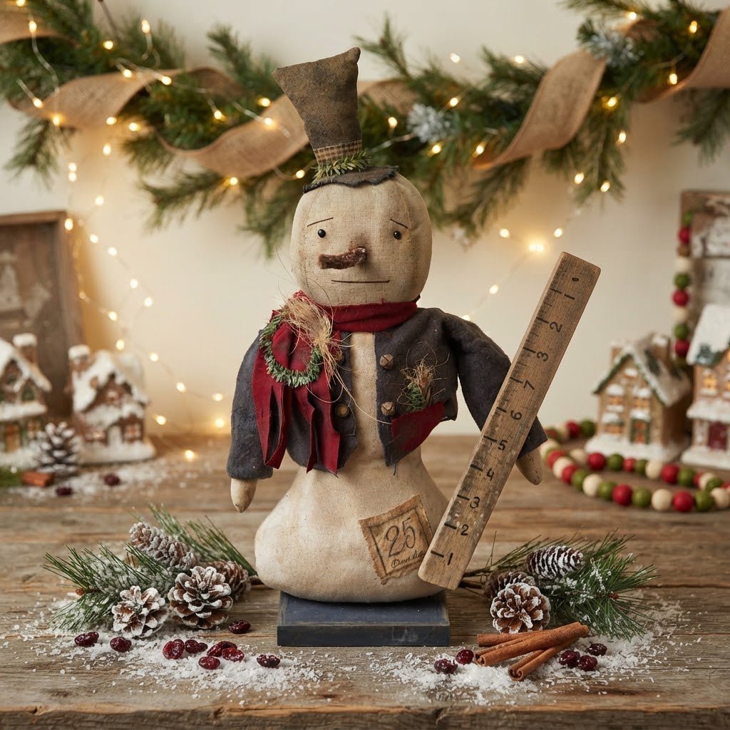 Frosty the Snowman with Yardstick 19" Handcrafted Folk Art Doll - The Primitive Pineapple Collection