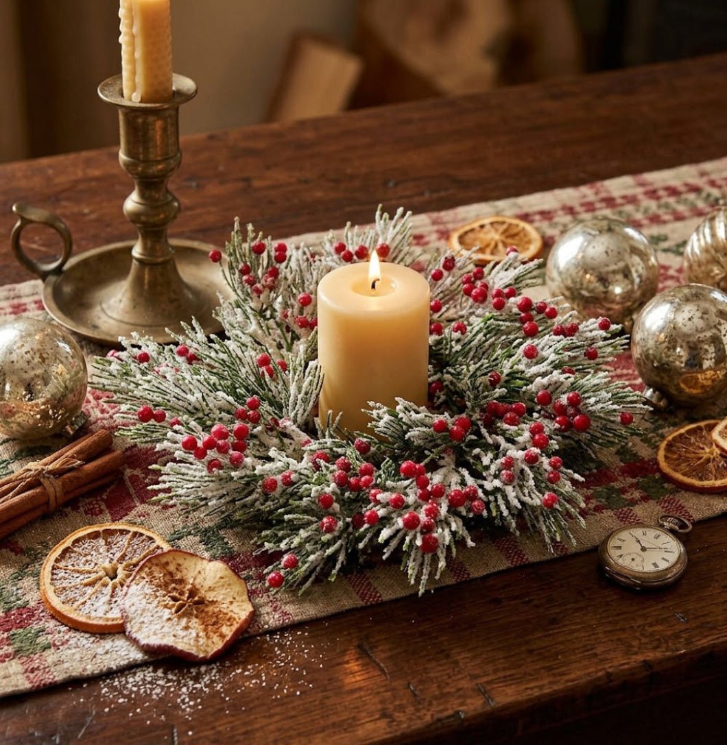 Primitive Christmas Candle Ring – Frosted Pepper Berry &amp; Pine, 2"Diameter - The Primitive Pineapple Collection