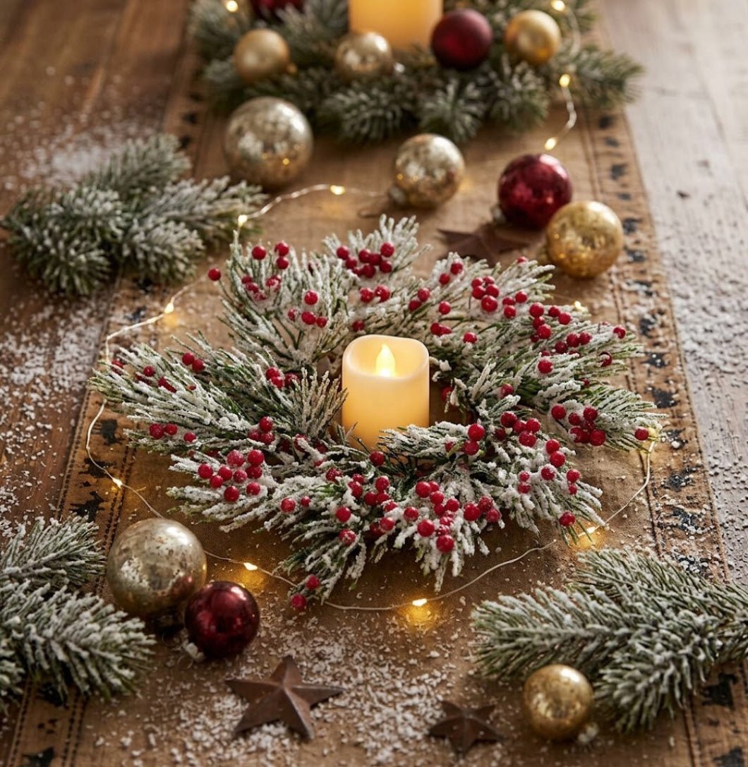 Primitive Christmas Candle Ring – Frosted Pepper Berry &amp; Pine, 2"Diameter - The Primitive Pineapple Collection