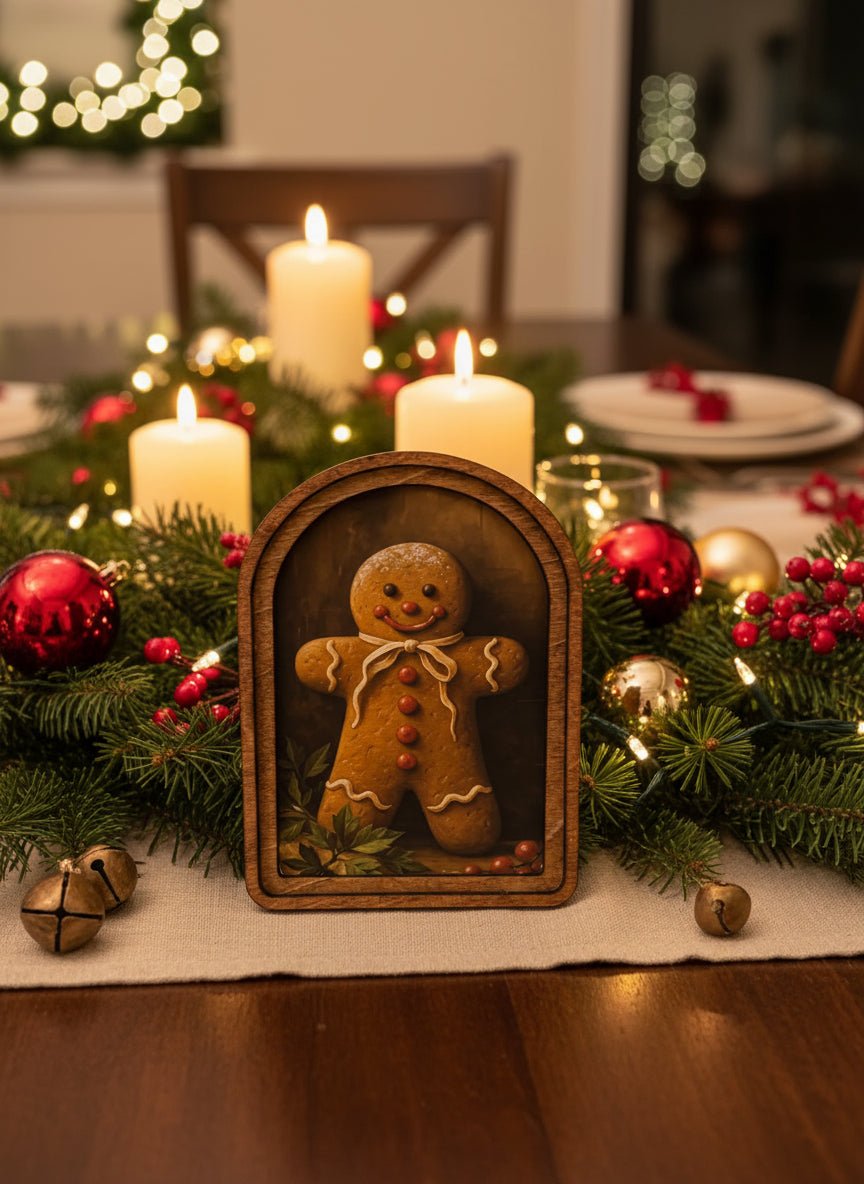 Handcrafted Retro 8" Canvas on Wood Christmas Gingerbread Man Framed Art - The Primitive Pineapple Collection
