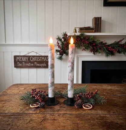 Winter Pine &amp; Berries Timer Taper Candles, Set of 2 – 10" - The Primitive Pineapple Collection