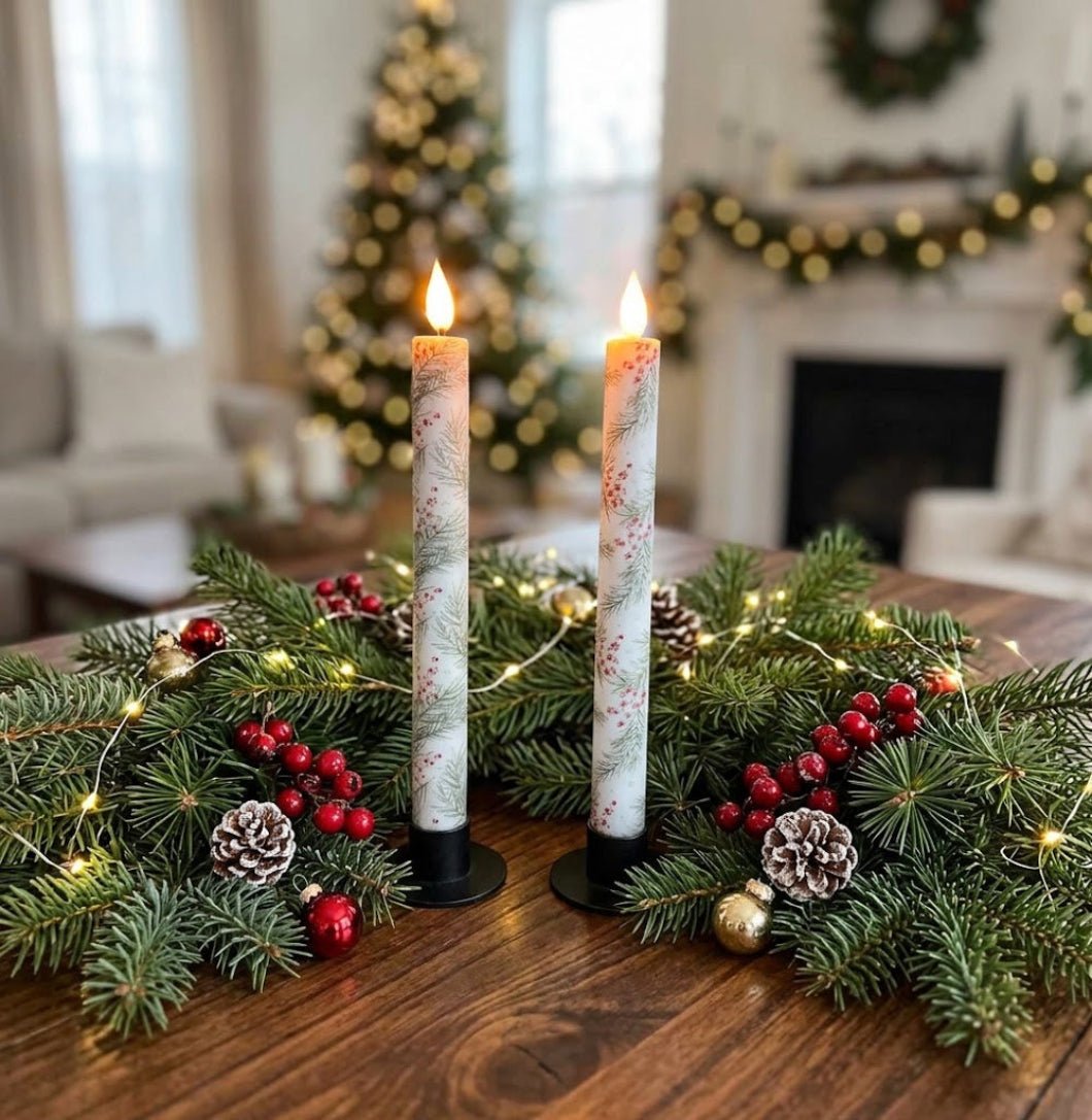 Winter Pine &amp; Berries Timer Taper Candles, Set of 2 – 10" - The Primitive Pineapple Collection