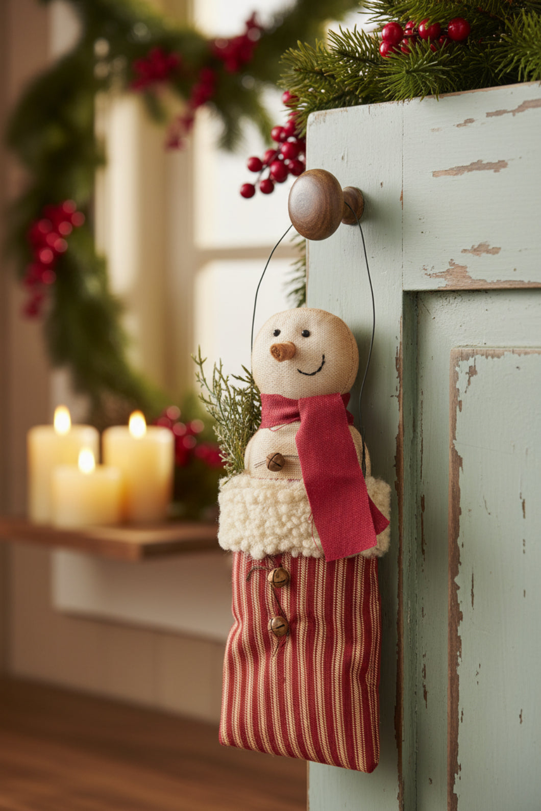 Christmas Stuffed Jingle Snowman w/Pine In Ticking Stripe Sack Hanger