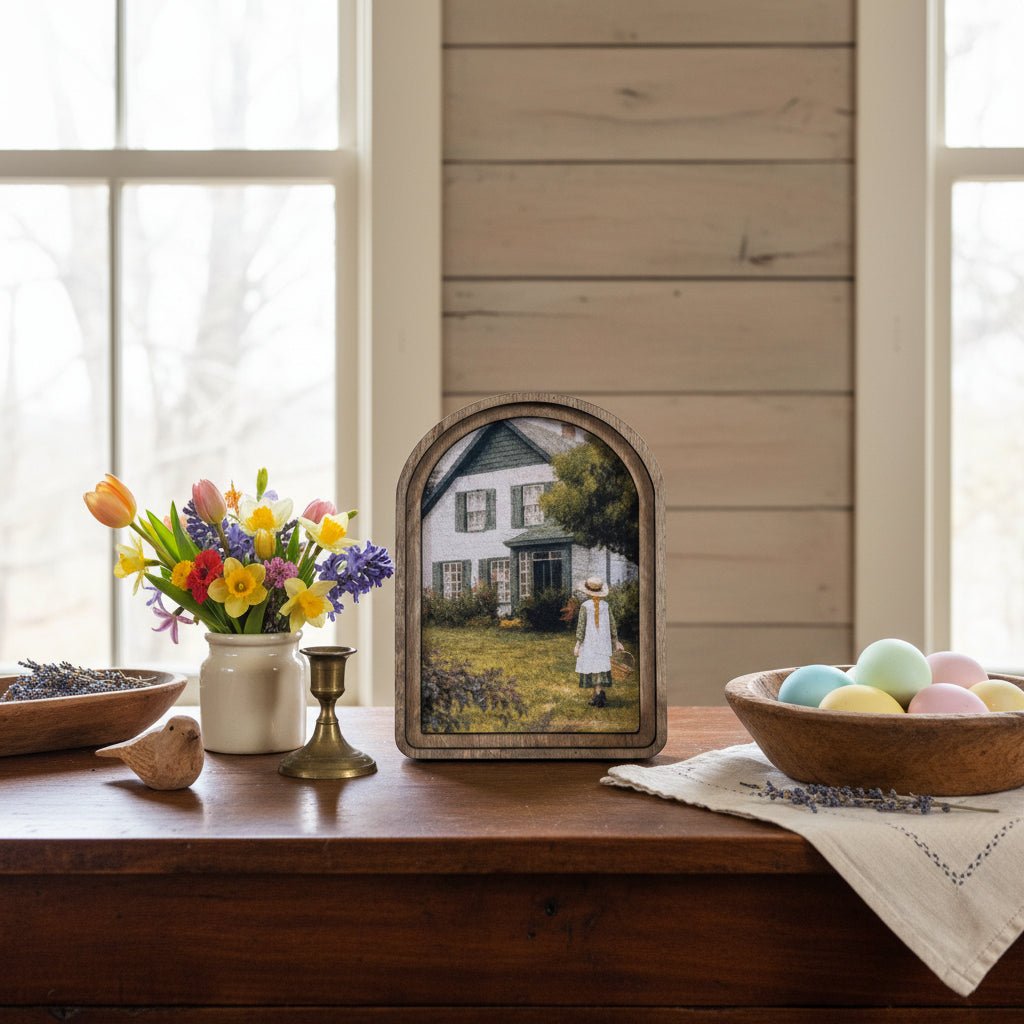 Handcrafted Spring Retro 8" Canvas on Wood Green Gables Cottage Framed Art - The Primitive Pineapple Collection