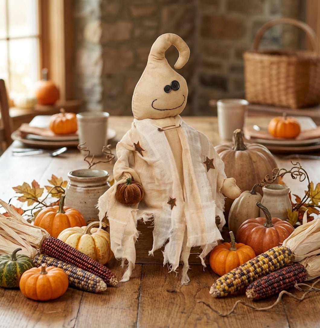 Primitive Rustic Halloween 15.5" Pumpkin Ghost Stump Doll - The Primitive Pineapple Collection