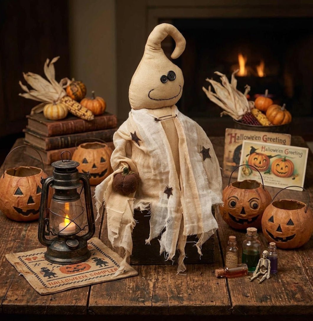 Primitive Rustic Halloween 15.5" Pumpkin Ghost Stump Doll - The Primitive Pineapple Collection