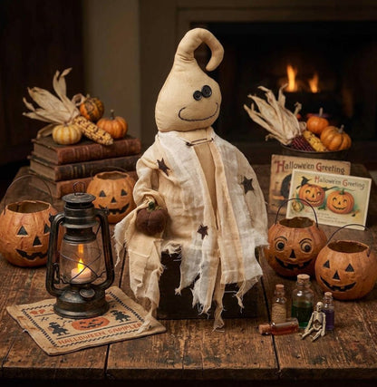 Primitive Rustic Halloween 15.5" Pumpkin Ghost Stump Doll - The Primitive Pineapple Collection