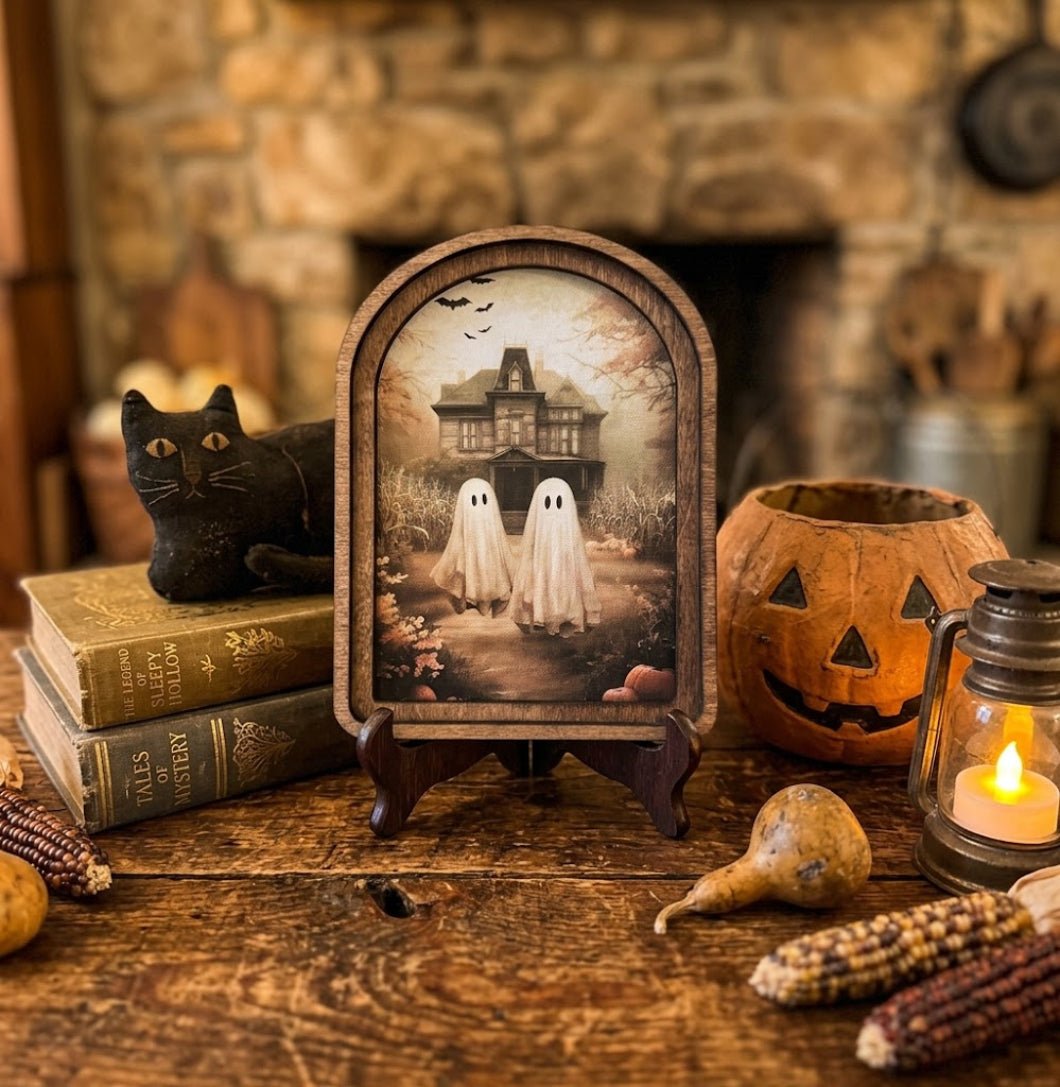 Handcrafted Retro 8" Arch Top Halloween Mansion Ghosts Framed Art - The Primitive Pineapple Collection