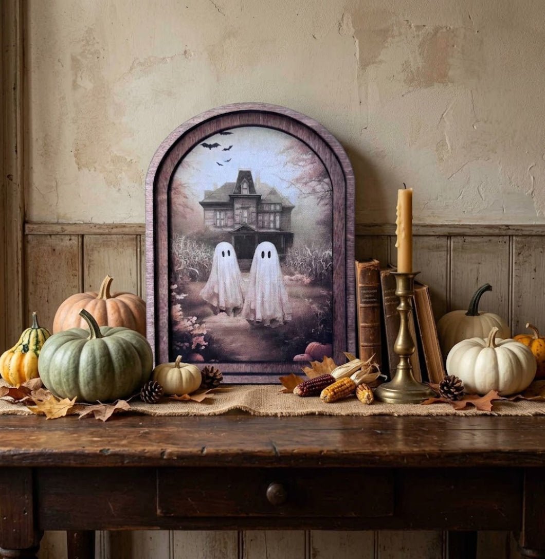 Handcrafted Retro 8" Arch Top Halloween Mansion Ghosts Framed Art - The Primitive Pineapple Collection